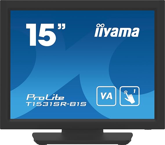 iiyama Prolite T1531SR-B1S 38cm 15" VA LED Monitor XGA Single Touch Resistiv VGA HDMI DP IP54 Front Black