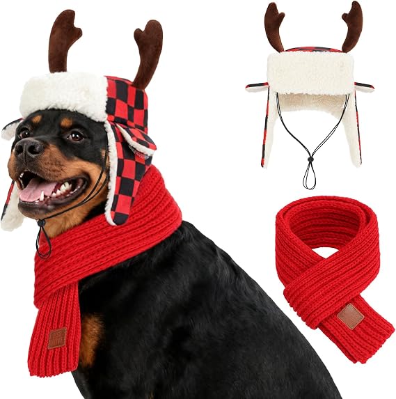 YUEPET 2 PCs Adjustable Dog Christmas Antler Buffalo Hat & Scarf Set, Soft Pet Christmas Holiday Costume Outfit, Red Knitted Scarf Winter Neck Warmer for Small Medium Large XL Dogs（L