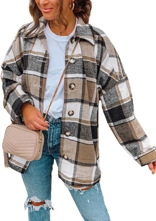 PRETTYGARDEN Women's Fall Clothes Plaid Shacket Jacket Trendy Casual Long Sleeve Button Down Flannel Shirts Fashion Blouse