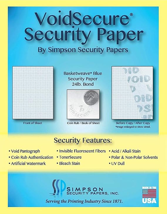 8.5 x 11 Simpson Security Papers VoidSecure Basketweave Blue 24# Security Paper, 500 Sheets