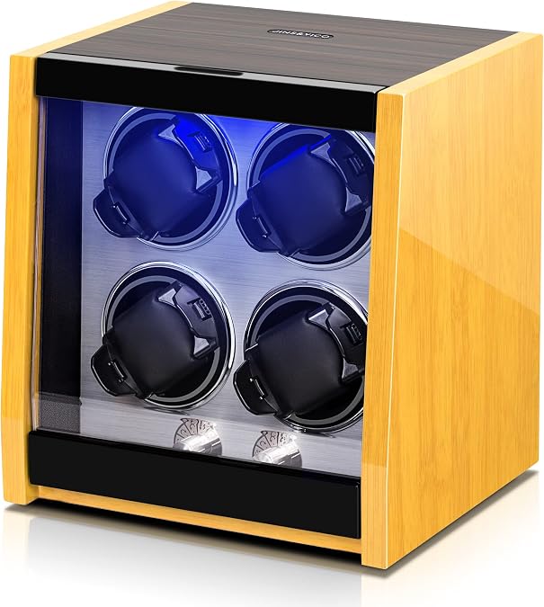 JINS&VICO Watch Winder for Automatic Watches,High-end 4 Watch Winders with Bamboo Pattern High Gloss Finish,Built-in Illumination,Retractable Watch Pillows,4 Mode Settings, AC Adapter Charger