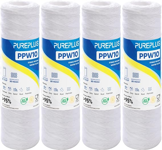PUREPLUS 20 Micron 10"x2.5" Whole House String Wound Sediment Filter for Well Water, Replacement Cartridge for Universal 10 inch RO System, WP-5, Aqua-Pure AP110, CFS110, Culligan P5,WFPFC4002, 4Pack