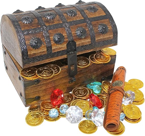 Nautical Cove Wooden Pirates Treasure Chest Box Pirate Treasure Map and Gold Coins/Gems