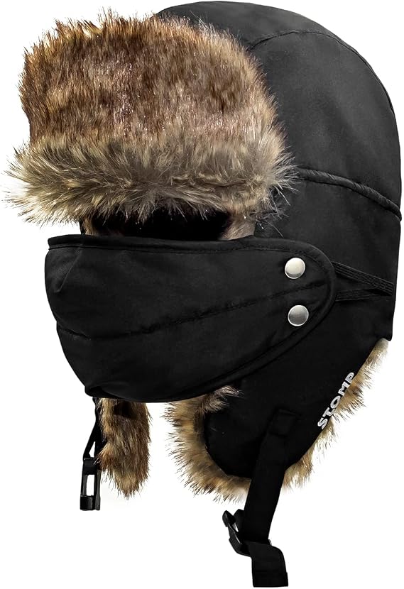 STOMP Winter Trapper Hat - Russian Ushanka Trooper Aviator Hats for Men & Women - Snow Eskimo Hat with Ear Flaps for Cold Weather (Black)