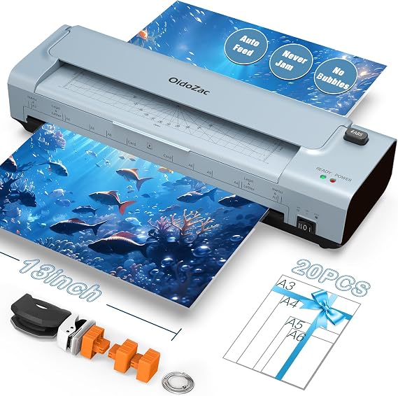 13 Inch A3/A4 Laminator with 20 Laminating Pouches Hot & Cold Laminator ABS Anti-Jam 10-in-1 Laminator with Cutter Trimmer & Corner Rounder for Office School & Home (Blue)