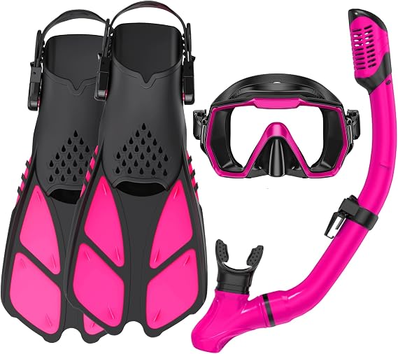 Adults Mask Snorkel Fins Set, Snorkeling Gear for Adult with Fins, Snorkel Sets with Flippers, Adult Anti Leak Scuba Gear with Adjustable Fins Diving Mask Full Dry Top Snorkel with Travel Bags