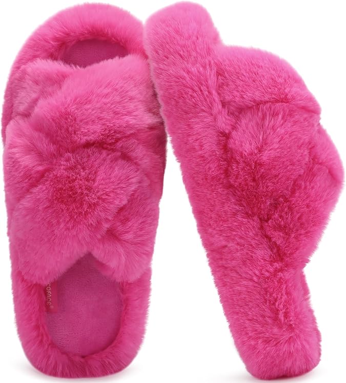 COFACE Women's Fluff Slippers House Open Toe Faux Fur Slides