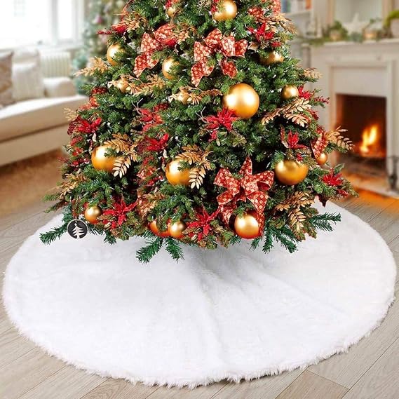Christmas Tree Skirt, 48 Inch White Soft Faux Fur Tree Skirts Plush Christmas Decorations, White Ornaments Christmas Tree Skirts Xmas Decorations Indoor Holiday Party Decor