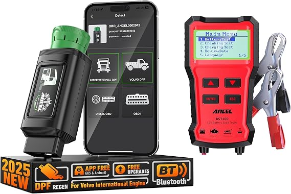 ANCEL HD120 Heavy Duty Truck Scanner with ANCEL BST100 Car Battery Tester, DPF Regen for Volvo & International Engine, Full-System Diagnostics, Supports HD-OBD & Basic OBD2, Free Lifetime Updates