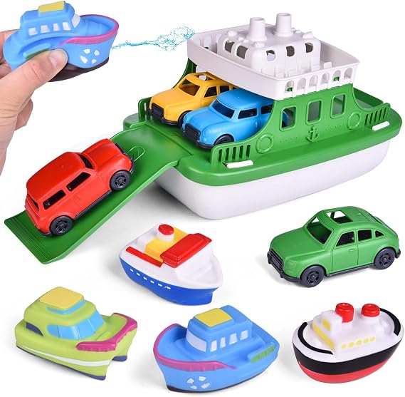 Ferry Boat Bath Toy with Mini Cars, Floating Water Play Set with Boat Squirters for Toddlers 13 & Kids Ages 48 | Floating Bath Toy with Boat Squirters for Toddlers Ages 13 & Kids Ages 35
