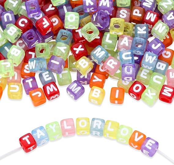 LAIDANLA 1500PCS Acrylic Letter Beads Alphabet White Letters Transparent Colorful Cube Bead 66mm for Jewelry Bracelets Necklaces Key Chains Making
