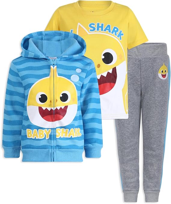 Nickelodeon Baby Shark Boys Zip Up Hoodie, T-Shirt, and Pants 3 Piece Set for Toddlers