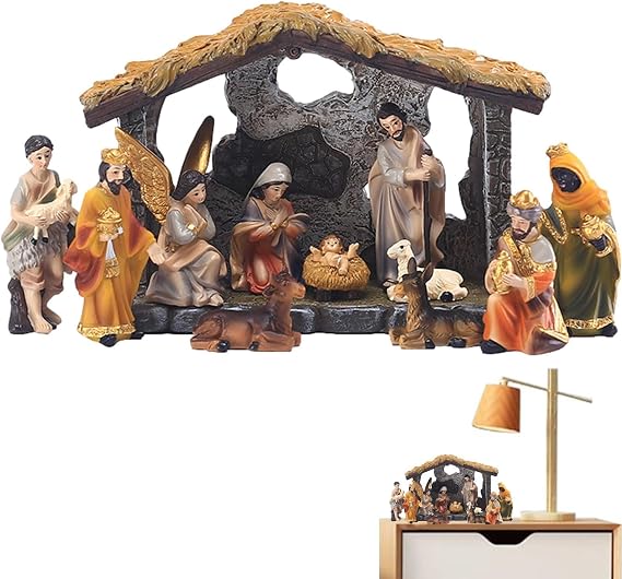 Nativity Set With Figures,12Pcs Christmas Village Nativity Scene Set,Family Miniatures Statue Baby Jesus Manger Crib, Resin Ornaments Decorations For Christmas, Home Decoration