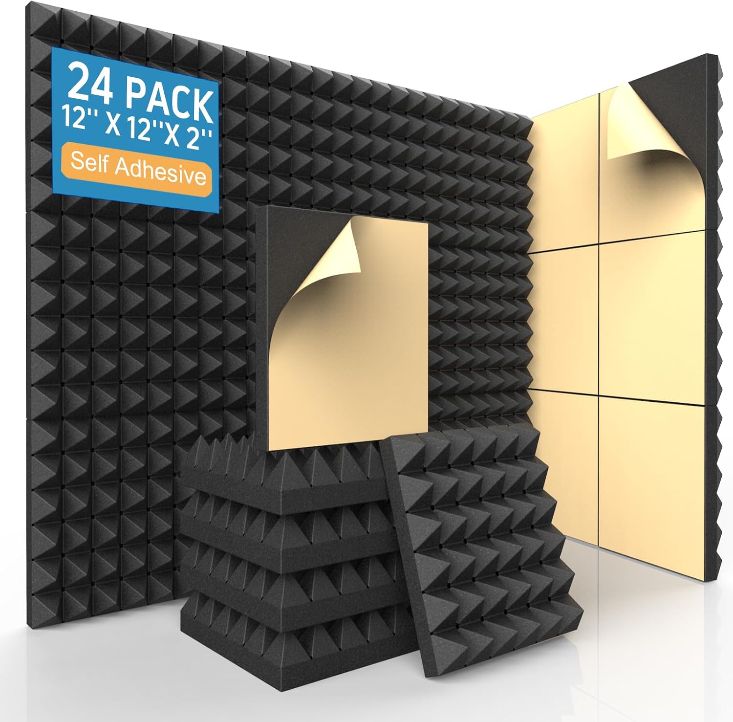 24 Pack Self-Adhesive Acoustic Foam Panels, 12 x 12 x 2 High Density Pyramid Soundproof Panels, Noise Cancelling for Studio, Office, or Gaming Room