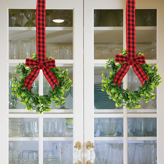BFYDOAA 2pcs Kitchen Cabinet Wreaths Small Christmas Boxwood Wreaths Hanging Ribbon Bow Greenery Wreaths for Farmhouse Festival Chair Door Railing