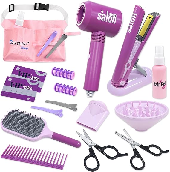 VBACALA Pretend Play Beauty Salon Toy Hair Makeup Hair Salon Role Play Store Set Dryer Hair Iron Scissor Bag Comb Makeup Tools 17 Pieces Beauty Stylist Pretend Play Christmas Present Toy Purple