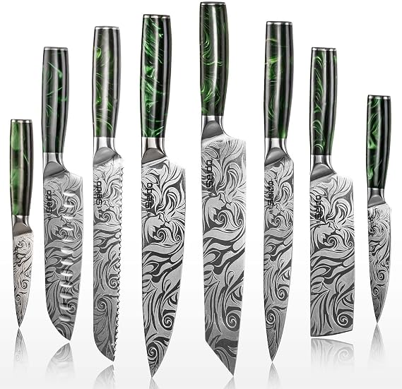 Seido Tengoku 8-Piece Chef Knife Set, High-Carbon Steel Green Handle