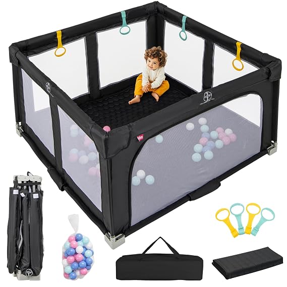 INFANS Foldable Baby Playpen, 50 x 50 Large Baby Play Yard for Infant with 50 Ocean Balls, 4 Handlers, Carry Bag, Indoor Outdoor Fence Toddler Activity Center (Black, 50 x 50)