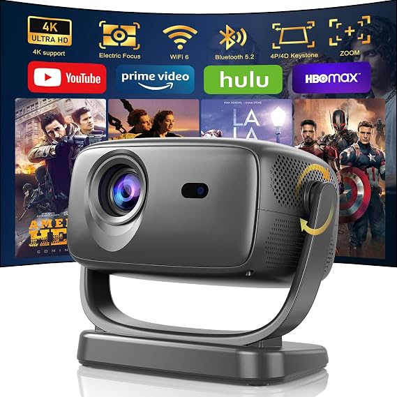 Smart Projector 4K Supported,26000 Lumen Native 1080P Portable Bedroom Movie Projector with 4P/4D Keystone,Zoom,Electric Focus,WiFi 6,Bluetooth 5.2,Streaming APPs,180° Rotatable