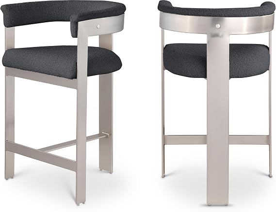 Meridian Furniture 739Black-C Romeo Collection Modern | Contemporary Counter Stool with Rich Black Boucle Fabric, Brushed Chrome Metal Frame, 22.5" W x 20" D x 35.5" H, Black, Set of 2