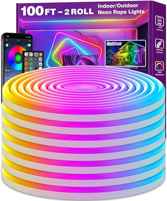 100Ft Neon Rope Lights,Flexible Led Rope Lights Control with App/Remote,Multiple Modes Rope Lights,IP65 Outdoor RGB Led Neon Lights Waterproof,Music Sync Gaming Led Neons Light Strip for Bedroom Decor