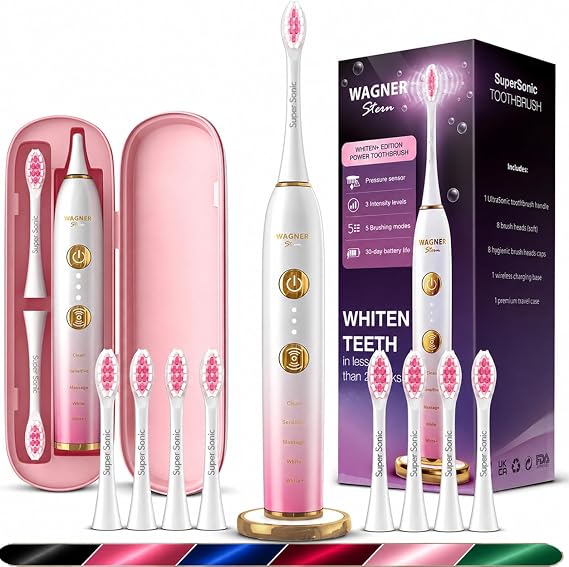 Wagner Stern WHITEN+ Electric Toothbrush, 48,000 VPM, Pressure Sensor, 5 Modes, 8 Brush Heads, Travel Case