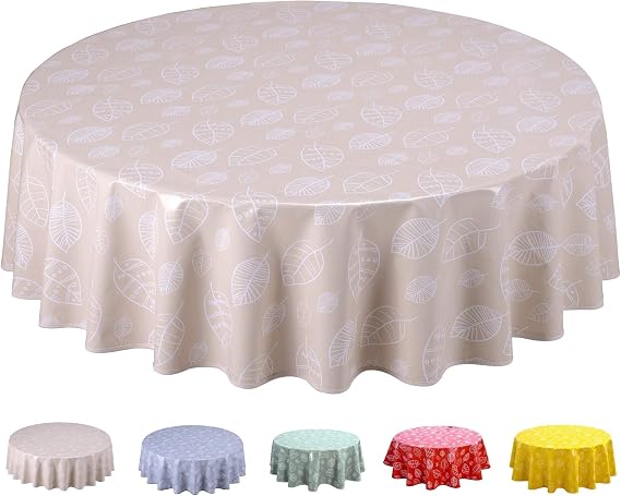 Home Direct Round Oilcloth PVC Wipe Clean Tablecloth 160cm 62" Leaves Beige