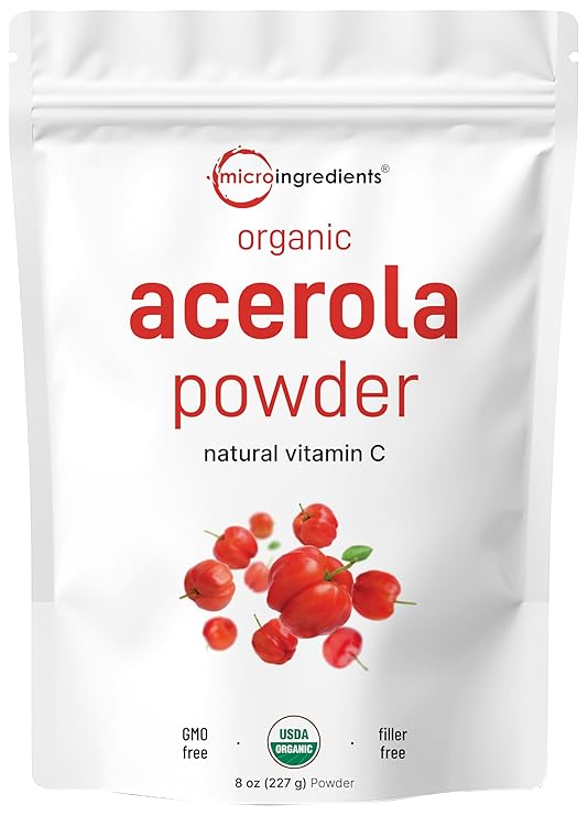 Organic Acerola Powder, 8oz | Natural Organic Vitamin C Superfood | No Sugar & Additives | Great Flavor for Drinks, Smoothie, Beverages | Non-GMO & Vegan Friendly, Brazil Origin