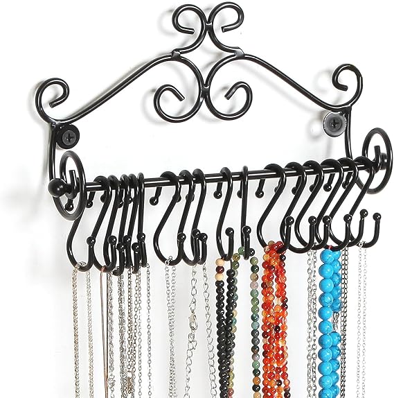 MyGift Black Metal Jewelry Organizer Wall Mounted Necklace Holder Rack