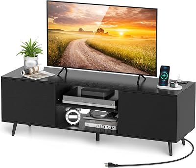 Tangkula TV Stand for 60 TVs, Entertainment Center wPower Outlets, Mid Century Modern Media TV Console Table wAdjustable Shelf, 2 Cabinets & Metal Support Legs for Living Room Black