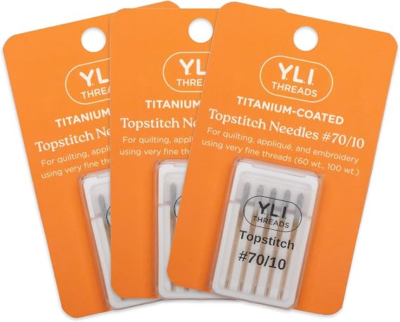 YLI Topstitch Needles, Titanium-Coated #70/10 Large Eye & Deep Groove Fits All Home Sewing Machines Pack of 15 Needles