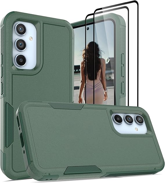 Jeylly Case for Galaxy A54 5G Protective Phone Case with 2 Pack Tempered Glass Screen Protector, Heavy Duty Shockproof Anti Scratch Hard Back Durable Cover for Samsung Galaxy A54 5G, Green