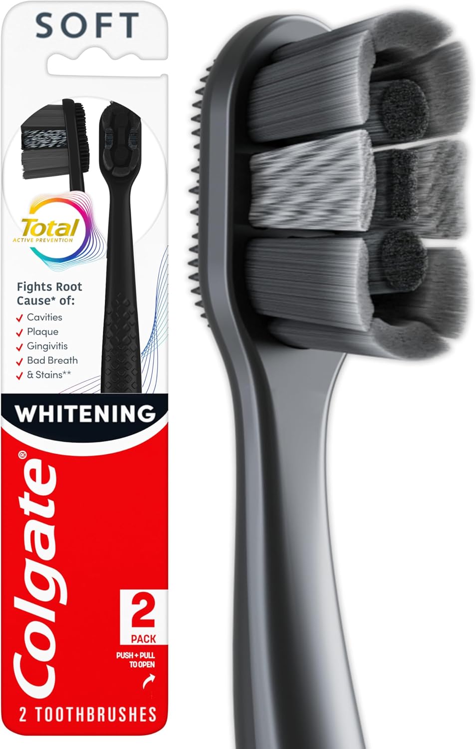 Colgate Total Anti-Active Soft Brush, Whitening Toothbrush, Soft Toothbrush, Charcoal Infused Bristles, Extends Deep Through Teeth, Black, 2 Pack