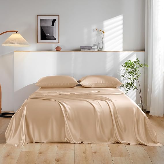THXSILK 100% Mulberry Silk Bed Sheets Set - 4pcs Pure Silk Sheets Set - Flat Sheet, 16" Deep Pocket Fitted Sheet, 2 Pack Silk Pillowcase with Zipper Closure - Full Size, Beige