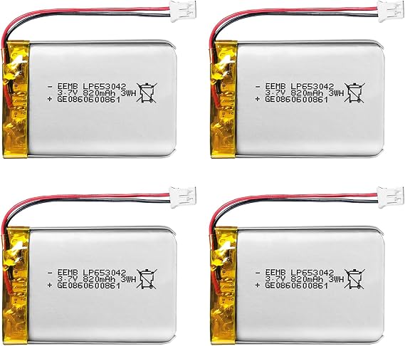 EEMB Lipo Battery 3.7V 653042 820mAh Rechargeable JST 2.0mm, 4-Pack