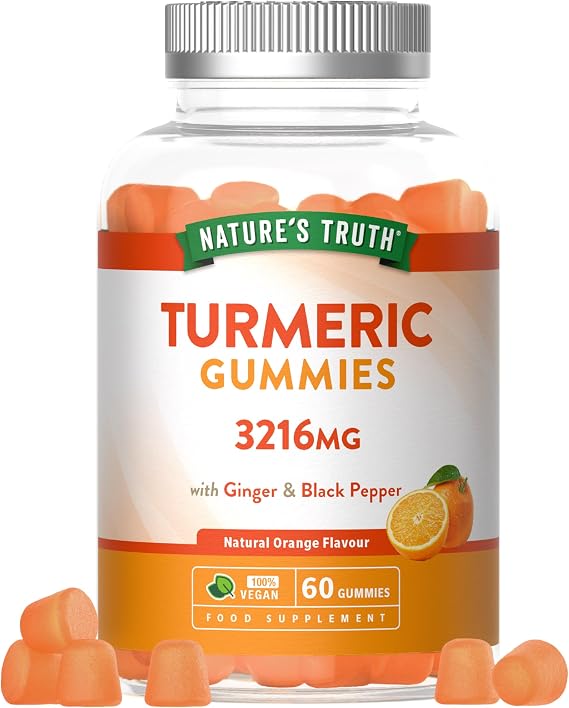 Turmeric Gummies with Black Pepper &amp; Ginger 3216mg | Curcumin Supplement | High Strength | Natural Orange Flavour | 60 Vegan Gummies | Nature's Truth