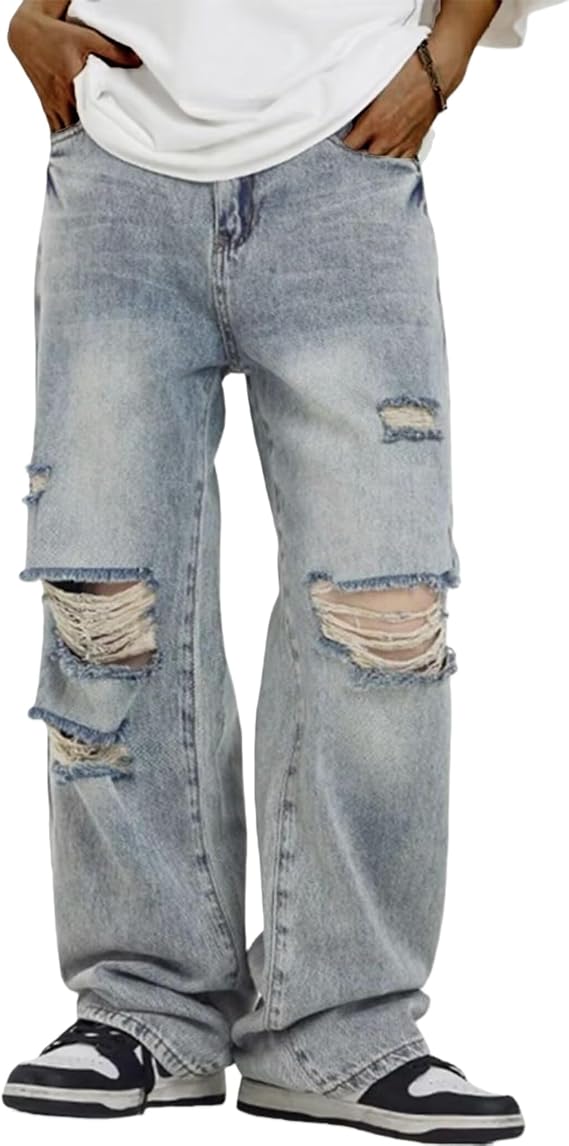 Men's Baggy Ripped Jeans Y2k Wide Leg Grunge Skater Pants Vintage Loose Fit Distressed Jeans for Men