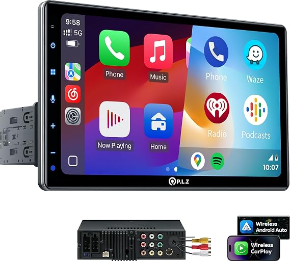 PLZ Single Din Car Radio Stereo with Apple Carplay Android Auto 10.1" Touch Screen, Bluetooth 5.3, Backup Camera, 240W, 2 Subwoofers, Navigation, FM/AM, SWC, Car Play Audio Receivers Headunit