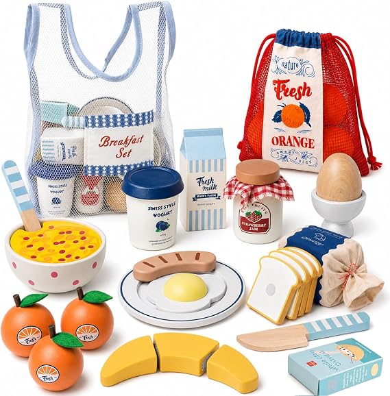 Lehoo Castle Wooden Play Food for Kids Kitchen, Pretend Breakfast Food Set