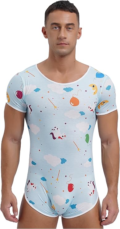 Agoky Men's Thongs Bodysuits Short Sleeves Pajama Leotard Cute Print Diaper Teddy Rompers Pj Sleepwear