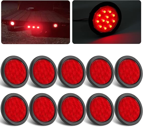 Partswcgg 10Pcs 4" Inch Round Led Trailer Tail Lights Red 12 LED Waterproof | 4" Inch Round LED Stop Turn Tail Brake Marker Trailer Truck RV Lights Sealed Grommets Flush Mount w/3 Prong Wire Pigtails