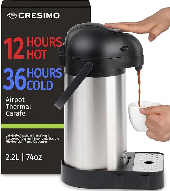 Coffee Carafe with Pump & Drip Tray - 74oz / 2.2L, Thermal Water Dispenser