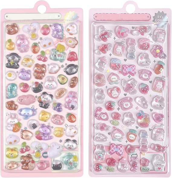 2PCS Cute 3D Stickers for Kids & Adults, Kawaii Stickers Pack with Puffy Stickers and Glitter Stickers for Water Bottles, Scrapbooks, Planners, Laptops, Party Bag Filler Rewards Gifts