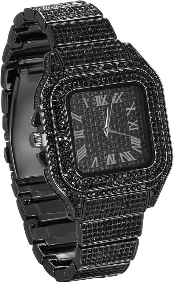 Diamond Watch for Men - 40mm Roman Numerals Square Dial - 18K Real Gold/Platinum/Rhodium Black/Rose Gold Plated 22cm Strap - Japanese Quartz - Luxury Jewelry - Can Paired with Cuban Chain