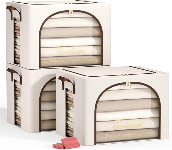 Furnhome 3 pack Clothes Storage Bins with metal Frame, sweater storage for closet, Stackable Storage bins for clothes, Foldable Clothing Storage bins with Cedar Blocks& Windows&Zippers|70L-Light Grey