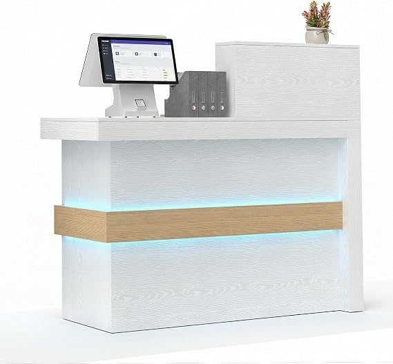 TUSY 42.2" H Modern Reception Desk with Drawer - Small Front Desk with Adjustable LED Light, Reception Room Table with Built-in USB Outlet for Office, Salon, Lobby (47.2" W x 19.69" D x 42.2" H)