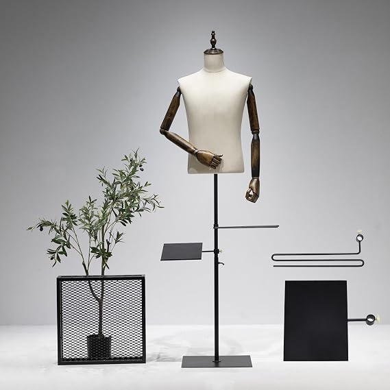 53-76inch Male Mannequin Torso with Wooden Arms Metal Stand, Height Adjustable Dress Form Male with Detachable Trousers Rack and Shoe Holder, Pinnable Torso Display for Clothing Retail Sewing Shop