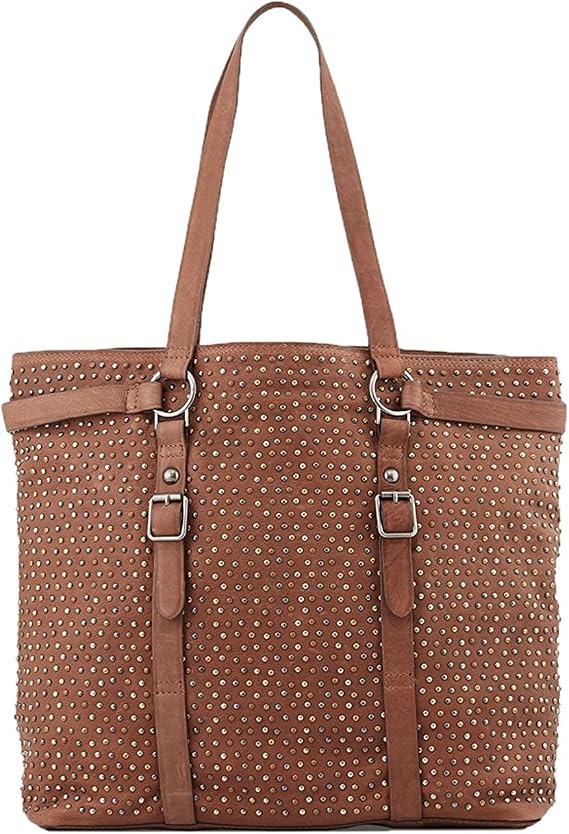 ASH Axel Studded Tabbed Leather Tote Bag, Saddle