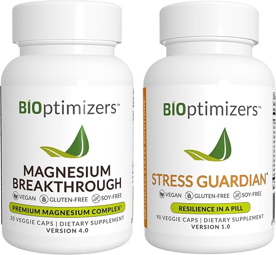 BiOptimizers Magnesium Breakthrough 4.0, (30 Capsules) & Stress Guardian, (90 Capsules) - Natural Sleep, Brain, and Stress Support Supplement Bundle