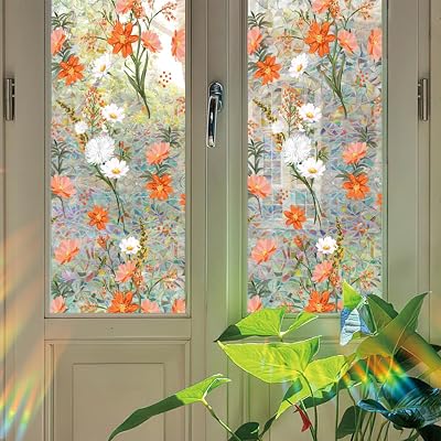 39x17in Flowers Window Film, Privacy Static Cling Glass Decal, Non-Adhesive Colorful Sticker, Removable Door Film Window Covering for Bedroom Bathroom 43X100cm
